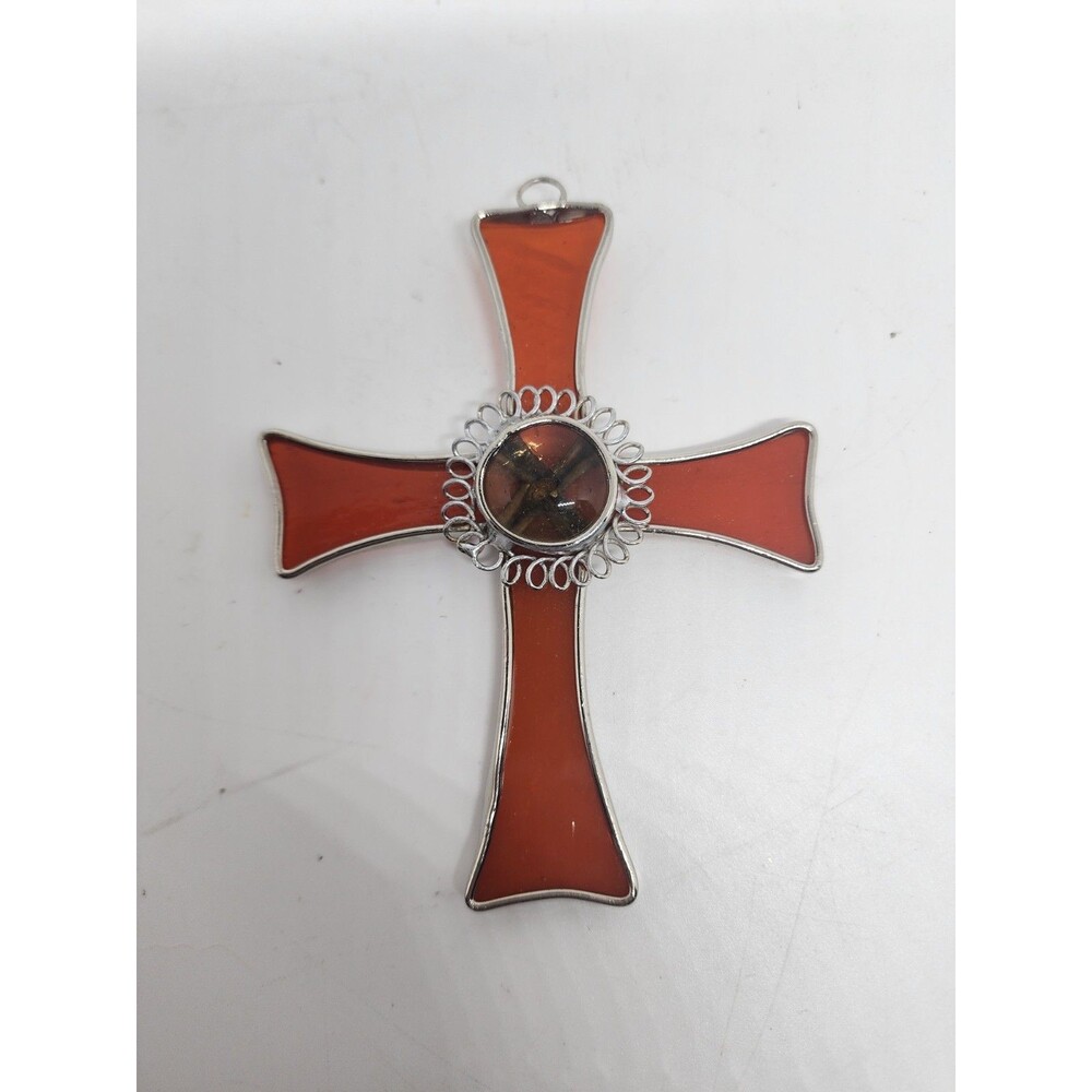 Vintage Bevel Stained Glass Cross Red 6" x 4" Christian Church